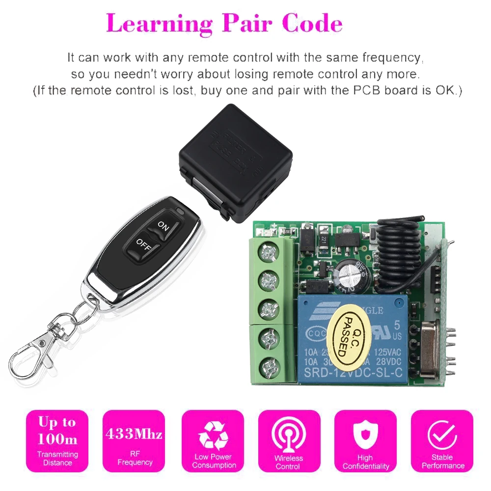 DC 12 V 433 Mhz RF Drahtlose Fernbedienung Schalter relais 433 mhz 1CH Empfänger Modul Für Lernen code sender remote DIY Image