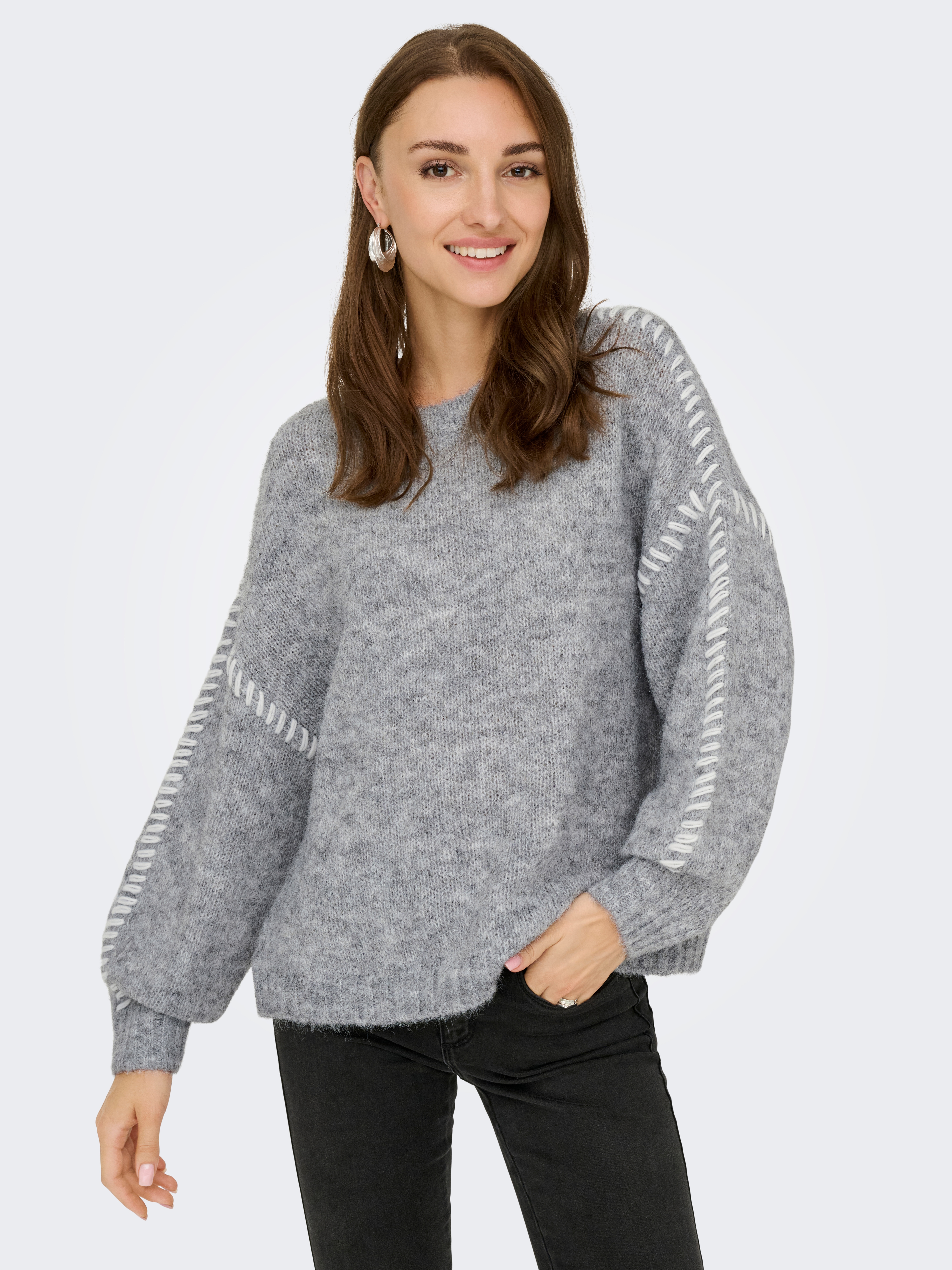 Rundhalspullover JDY "JDYZOEY LIFE L/S ON STITCH PULL KNT NOOS", Damen, Gr. S, light grau melange detail:with birch stitch, Strick, Obermaterial: 70% Polyester, 21% Nylon, 8% Wolle, 1% Elasthan, unifarben mit Farbeinsatz, oversize hüftlang,...
