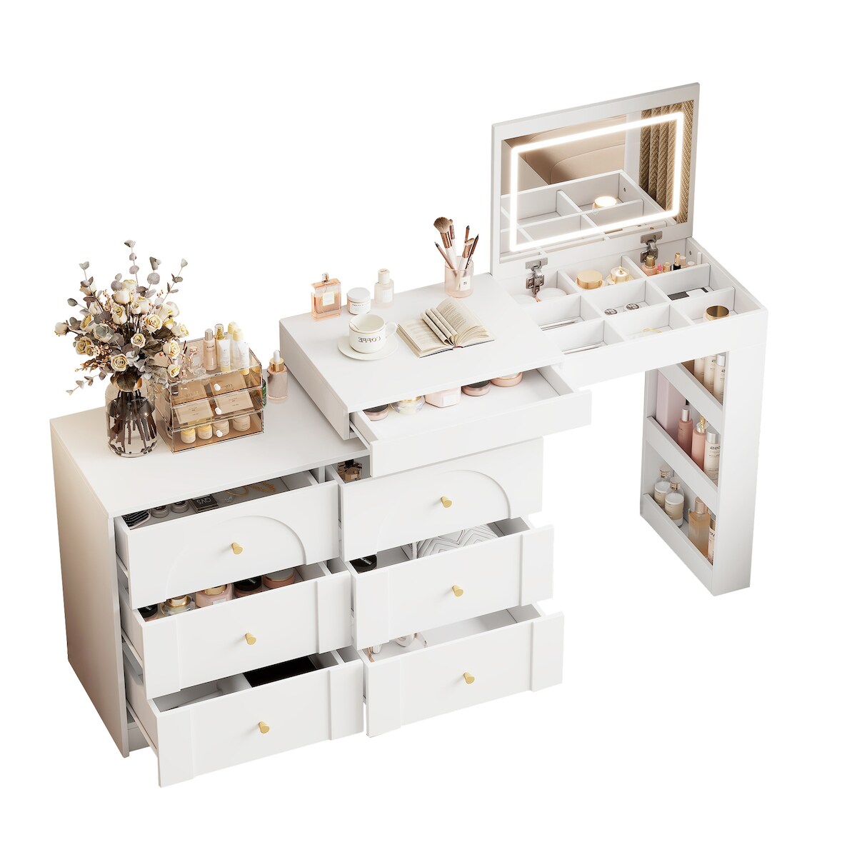 OKWISH Drehbarer Schminktisch Kosmetiktisch 105x40x80 LED-Beleuchtung 7 Schubladen offene Ablage Stauraum Goldgriffe Spanplatte Weiß Image