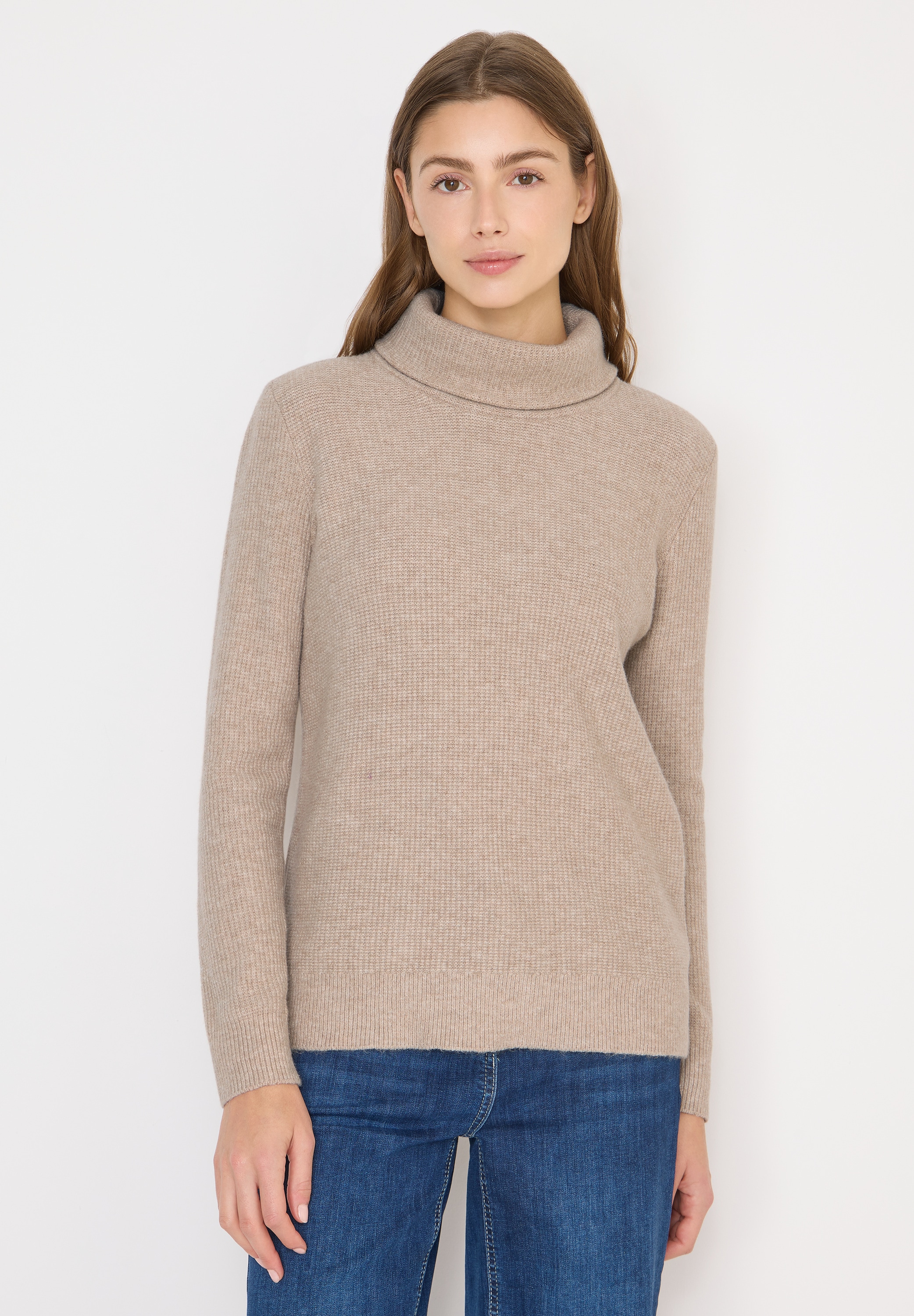 Strickpullover CECIL, Damen, Gr. M (40), sandalwood beige melange, Feinstrick, 44% Nylon, 28% Polyacryl, 24% Baumwolle, 4% Elasthan, unifarben, comfort fit normal, hoch geschlossener Ausschnitt, Rippbündchen, Pullover Strickpullover, mit großem Kragen