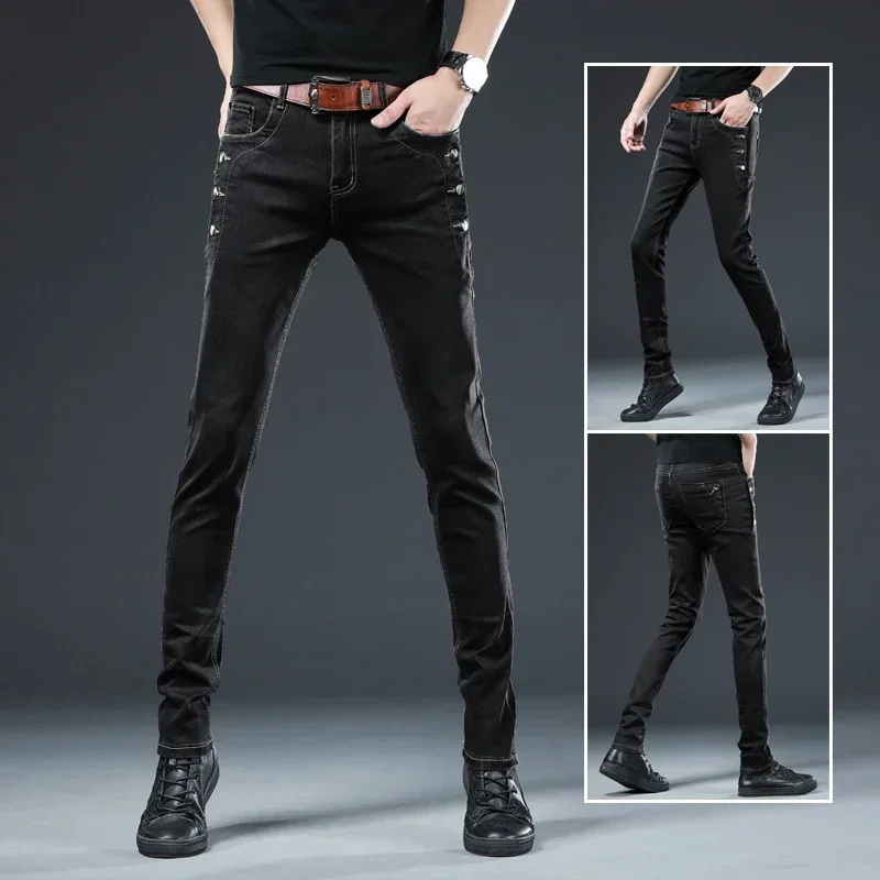 Herbst männer Neue Taste Dünne Jeans Schwarz Grau Multi-taste Jugend Skateboard Stretch Denim Hosen Dünne Gerade Männliche hosen