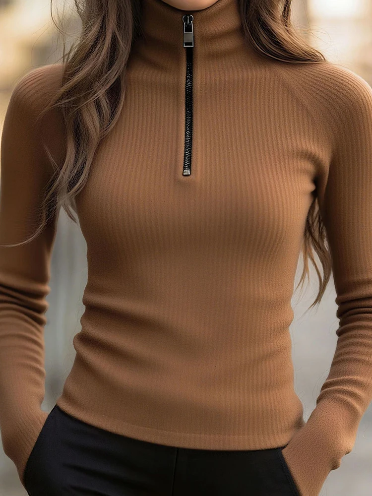 Herbst Winter Einfache Langarm Base Layer Shirts, Frauen Casual Stehkragen Chic Blusen, Neue Solide Zipper Elegante Damen Tops