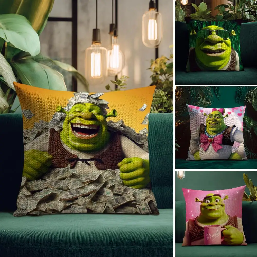Lustiger Cartoon-S-ShrekS-Kissenbezug, natürliches Leinen, Bio-Stoff, doppelseitiger Druck, atmungsaktiv, perfekt für die Inneneinrichtung Image