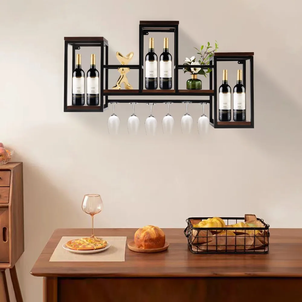 Weinregal aus Metall + Holz, Esszimmer, Restaurant, Bar, Wandmontage, Flaschenregal, Wandweinregal, Holz, Metall, Vintage-Weinregal