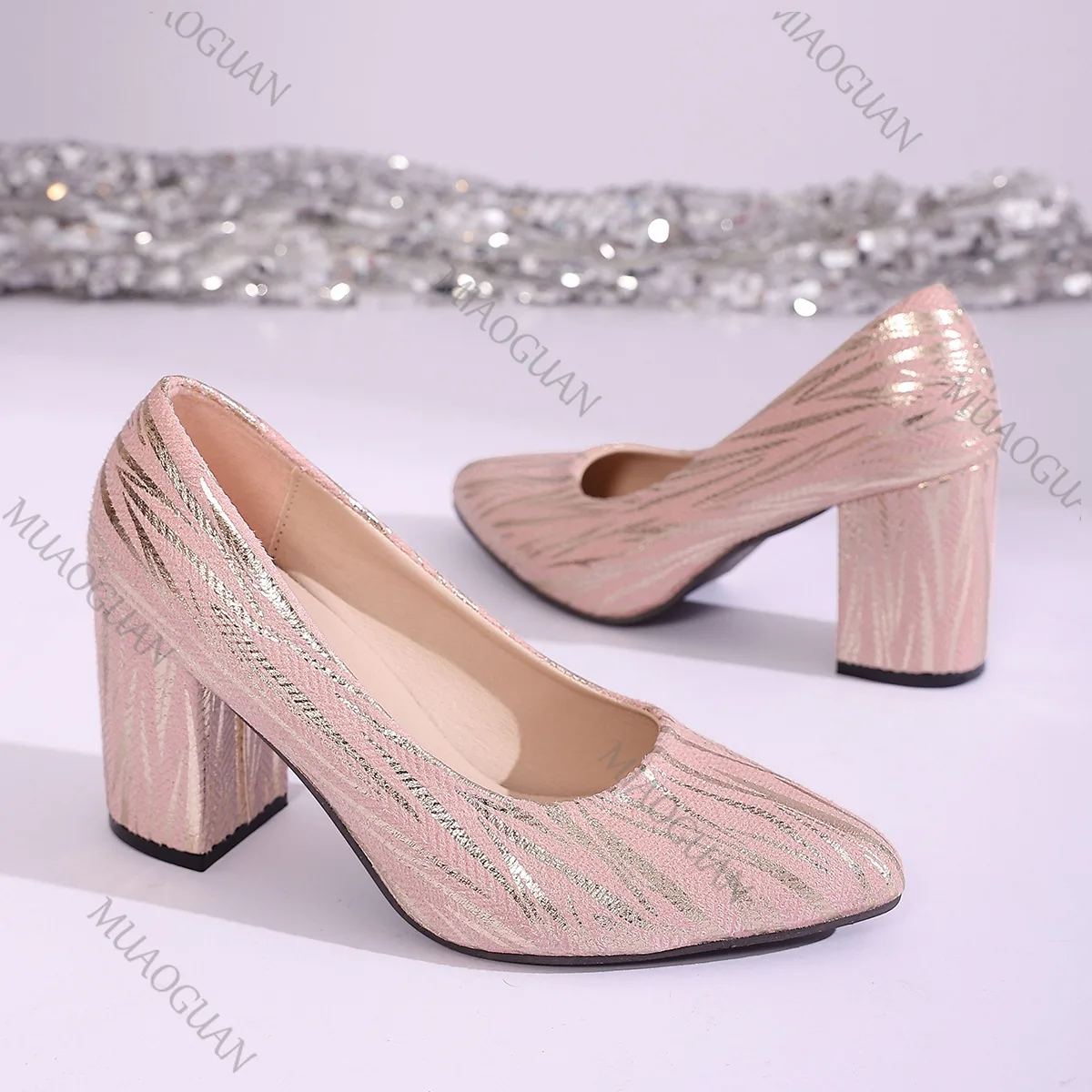 Frauen Rosa Spitz High Heels Frühling Herbst Neue Slip-On Chunky Heeled Kleid Schuhe für Frauen Elegante Arbeit pumpen Einzelnen Schuhe
