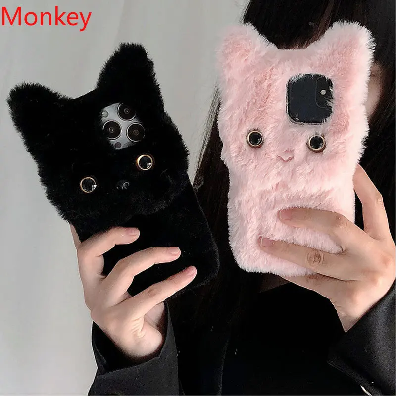 Coque 3D chat en peluche pour iPhone, coque en silicone souple, fourrure moelleuse mignonne, iPhone 13 Pro, iPhone 11, iPhone 12, iPhone 14, iPhone 15 Pro Max, iPhone X, iPhone XS, iPhone Poly 6,