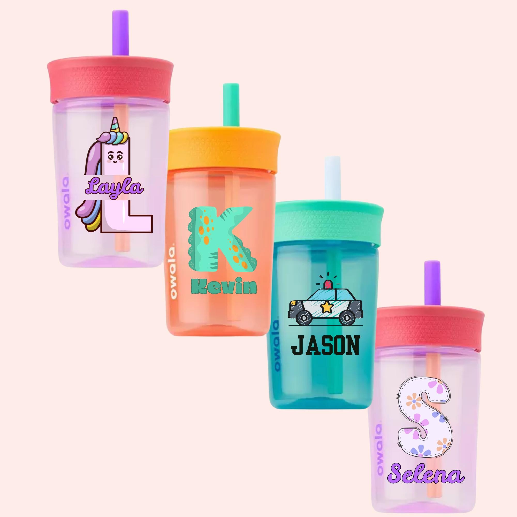 Bicchiere di plastica Owala Kids personalizzato da 15 once, senza BPA, bicchiere Owala per bambini con nome, bicchiere Owala personalizzato per bambin