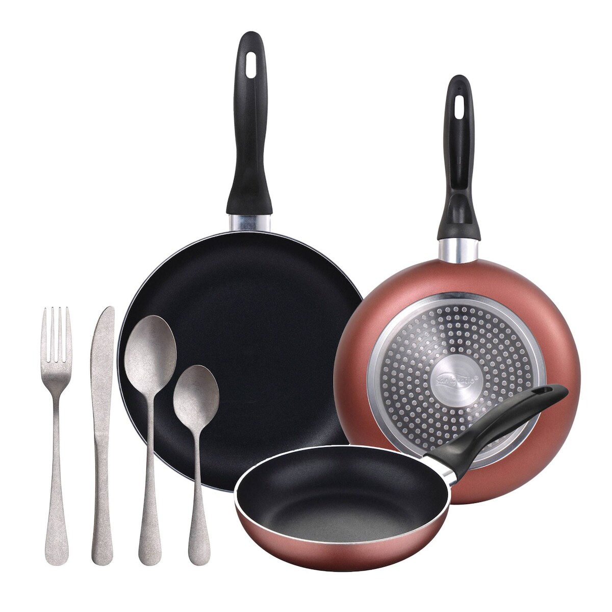 BERGNER - Set aus 3 Pfannen 16/20/24 cm Induktion gepresstes Aluminium Paradise 16-teiliges Besteckset aus Edelstahl Image