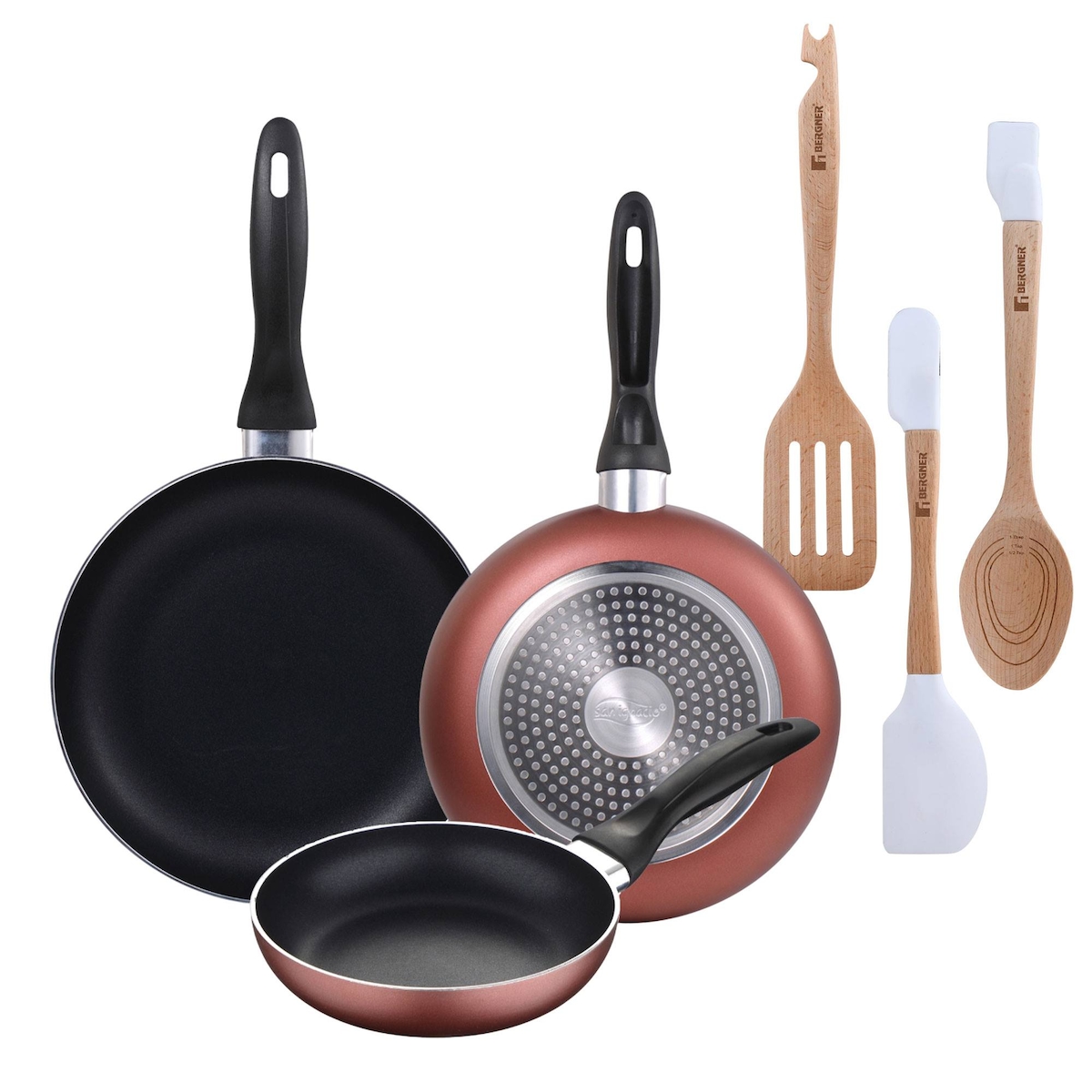 BERGNER - Set aus 3 Pfannen 16/20/24 cm Induktion gepresstes Aluminium Paradise Set 3 Utensilien aus Silikon und Holz Image