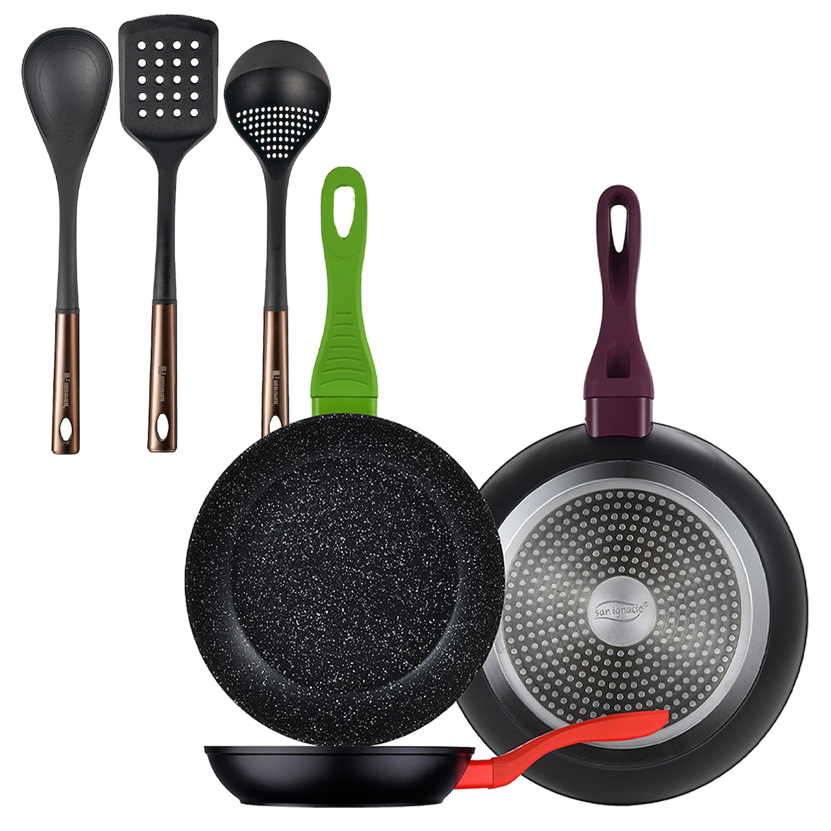 BERGNER - Set aus 3 Jolie-Pfannen Ø20/Ø24/Ø28 cm in Schwarz Set 3 Küchenutensilien aus schwarzem PBT und Kupfer Image