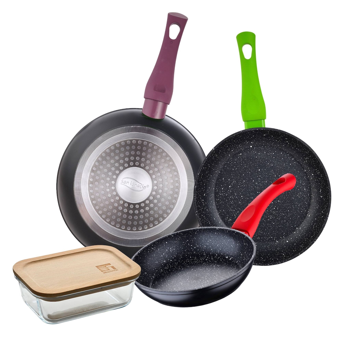 BERGNER - Set aus 3 Pfannen Ø18/Ø22/Ø26 cm Jolie Schmiedaluminium, geeignet für Induktion Vorratsglas 650 ml aus Borosilikatglas NATURALLY Image