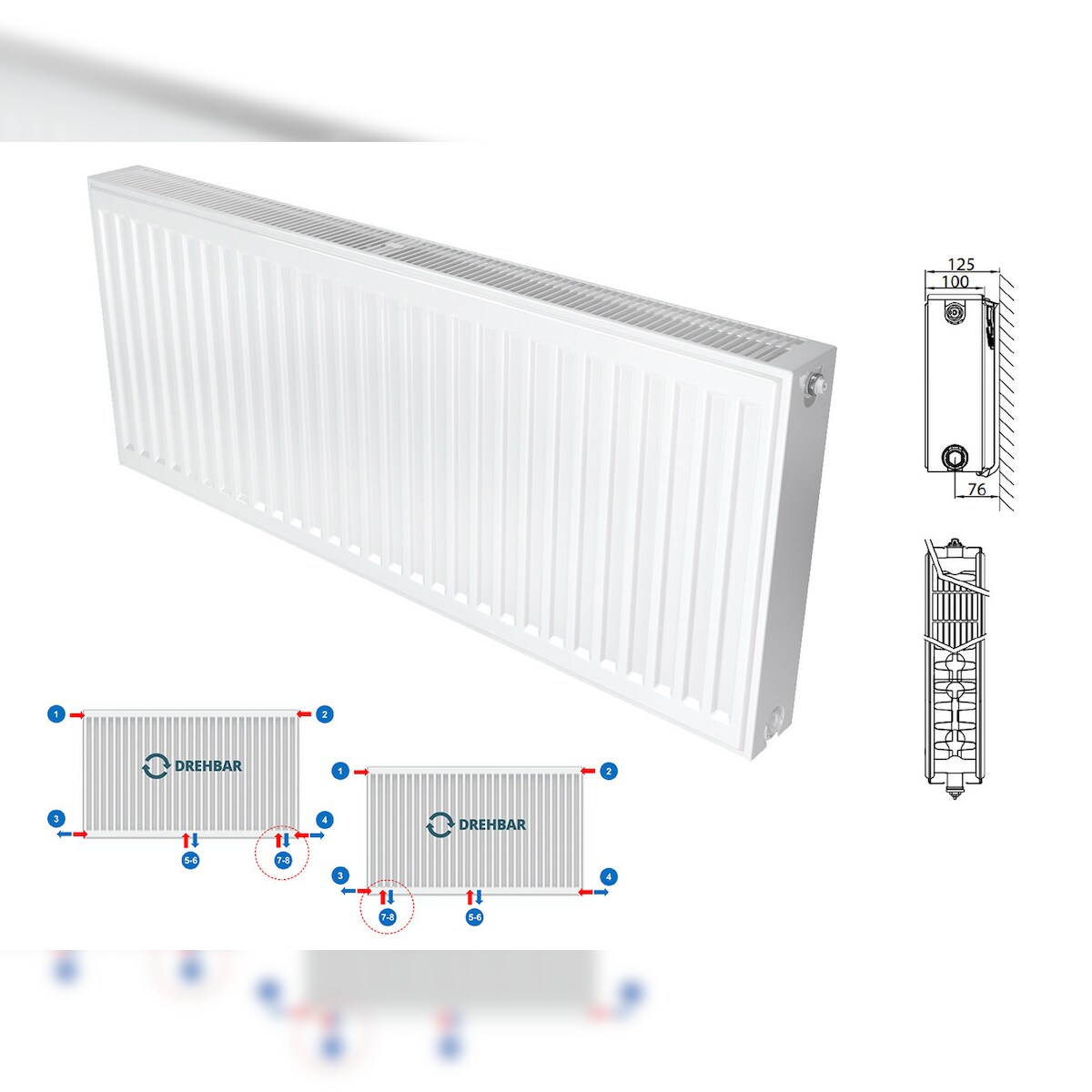 Belrad Typ 22 Universalheizkörper Ventilheizkörper Mittelanschluss mit 8 Anschlüssen 500 x 800 (HxB)-1195W Image