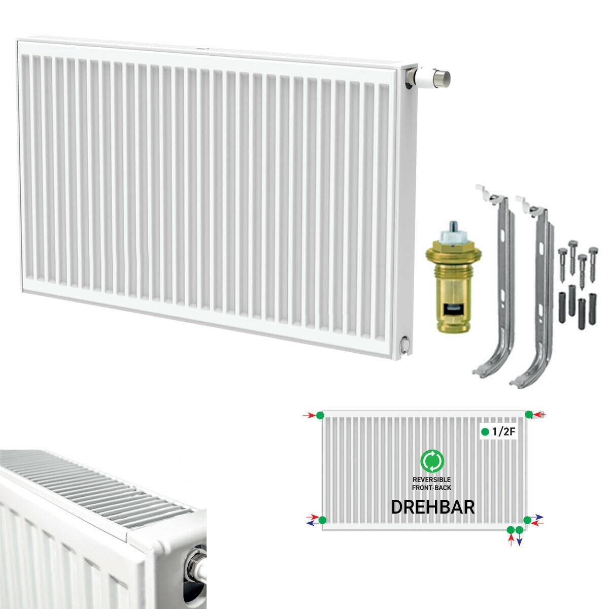 Belrad Universalheizkörper Kompakt Ventilheizkörper 6 Anschlüsse T22 300x1600-1571W Image