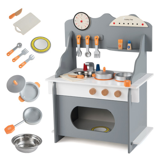 Costway Wooden Play Kitchen for Kids Pretend Play Toy Kitchen Set with Clock Gift for Boys and Girls 3 +-Gray