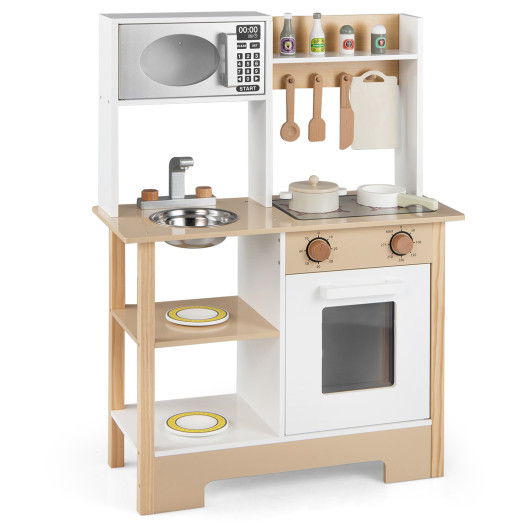 Costway Play Kitchen Wooden Toy Kitchen Playset with Chalkboard Birthday Gift for Kids Aged 3 +-White