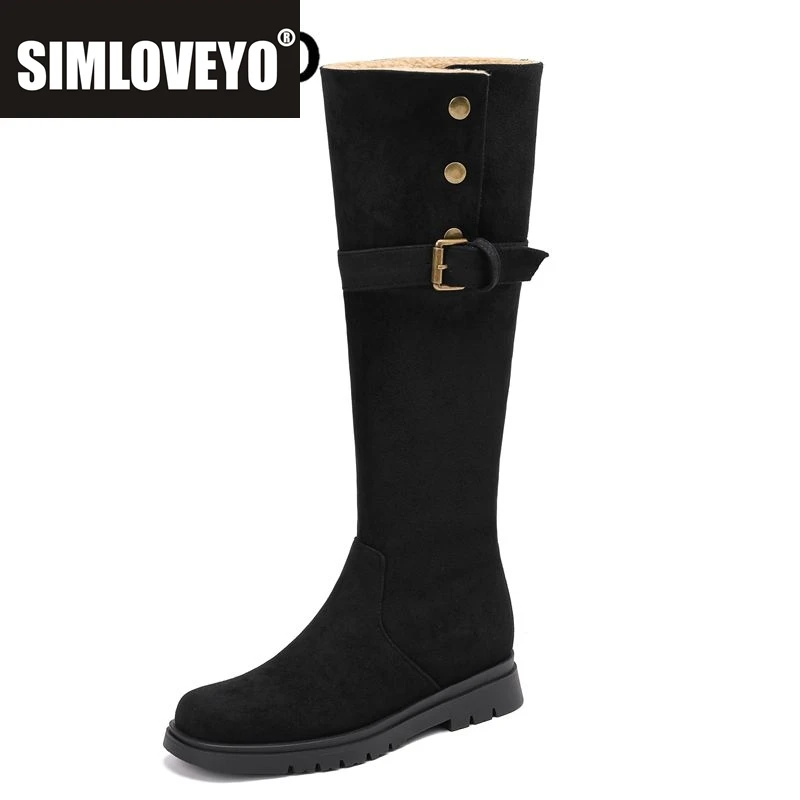 SIMLOVEYO Damen-Kniestiefel, Flock-Wildleder, runde Zehen, flache Schuhe, Slip-on-Gürtelschnalle, Metalldekor, kleine Größe, 31, 32, 33, Mädchen, weich, täglich, Bota
