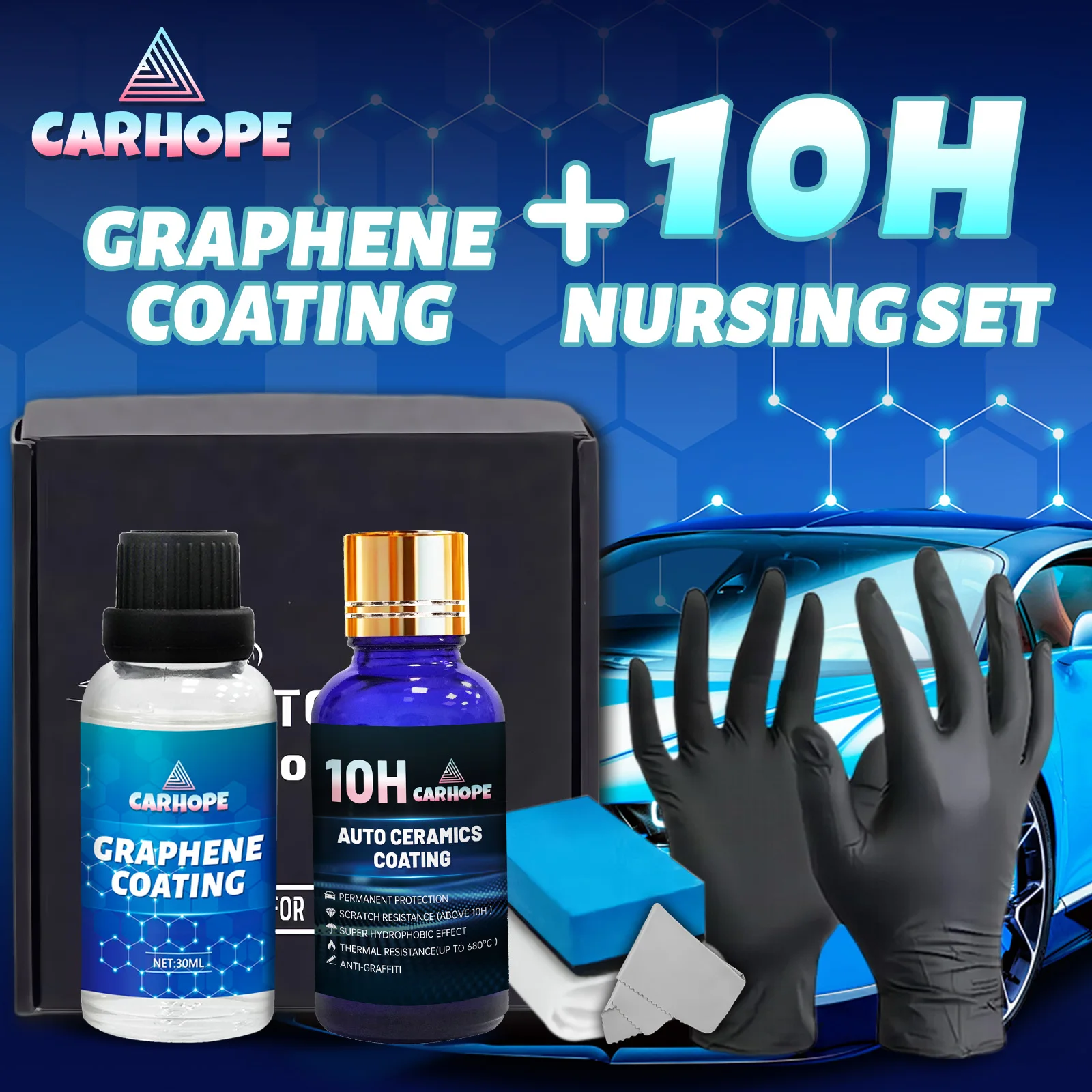 CARHOPE 30 ml Graphen-Beschichtung Autoflüssigkeit + 30 ml 10H Autobeschichtungsspray Autobeschichtungsspray 3-in-1 hydrophob – Autolack-Reparaturset Image