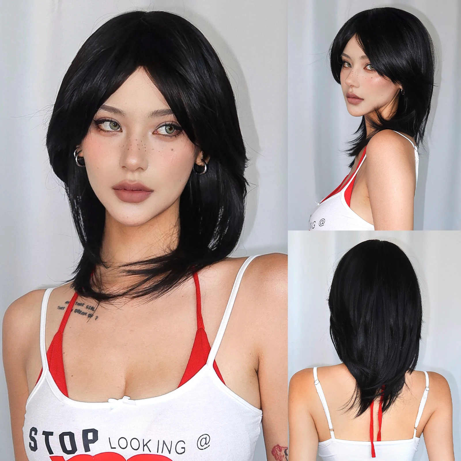 Kurze gerade Wolfsschwanz-Perücken, natürliche schwarze Vokuhila-Kopf-Perücke mit mittlerem Teil, Pony für Frauen, tägliche Cosplay-Party, Kunsthaar Image