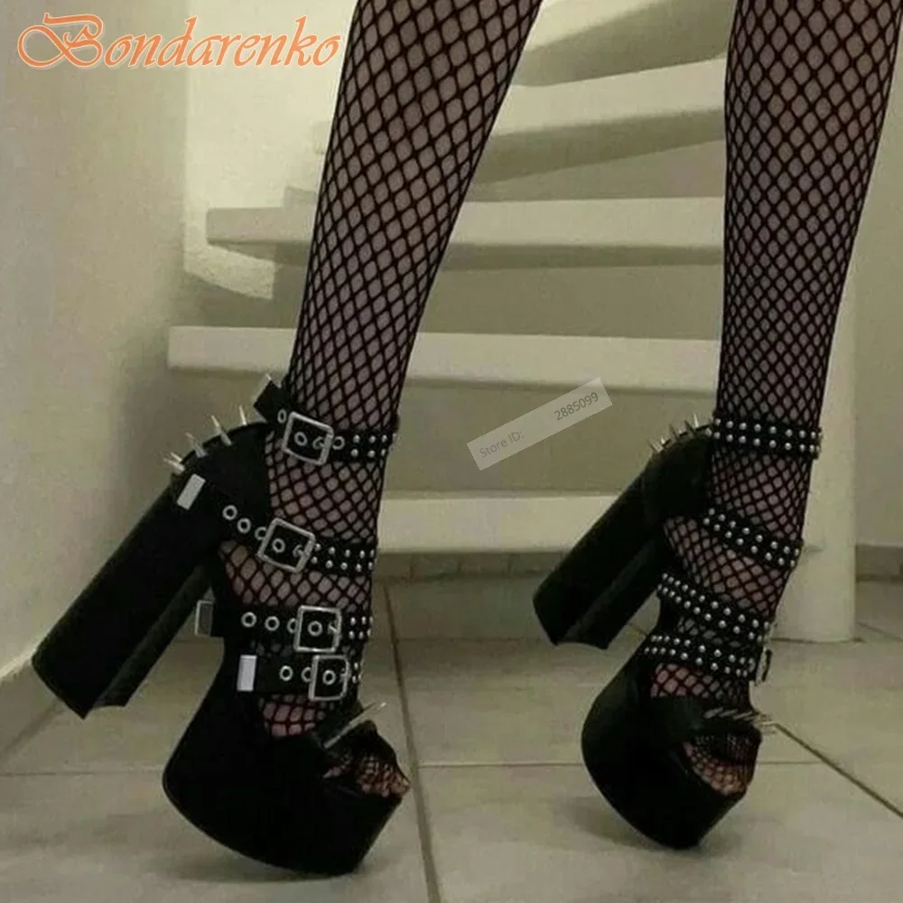 Niet Stud Schnallen Riemen Sandalen Offene spitze Plattform Dicke High Heels Sandalen Frauen Sexy Schuhe Sommer Designer Party Casual Schuhe Image
