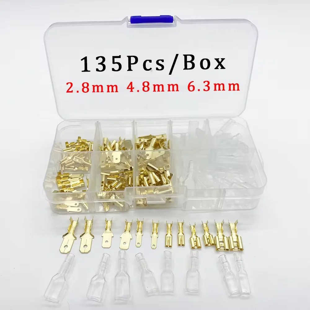 135 Stück goldisolierte männlich-weibliche elektrische Wire-Wrap-Stecker, sortiertes Kit, 2,8/4,8/6,3 mm Hülse, Spaten-Crimp-Anschlüsse-Set Image