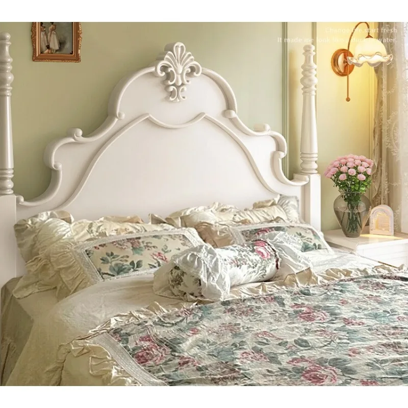 Französisches Massivholzbett, cremefarbenes Windprinzessin-Bett, geschnitzt, Retro, 1,8 m großes Doppelbett, Hauptschlafzimmer, amerikanisches Anna-Bett, weiß, europäischer Stil Image