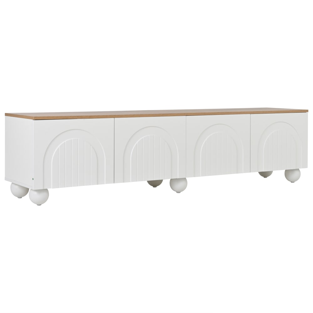 Meuble TV blanc avec plateau effet bois et pieds sphériques