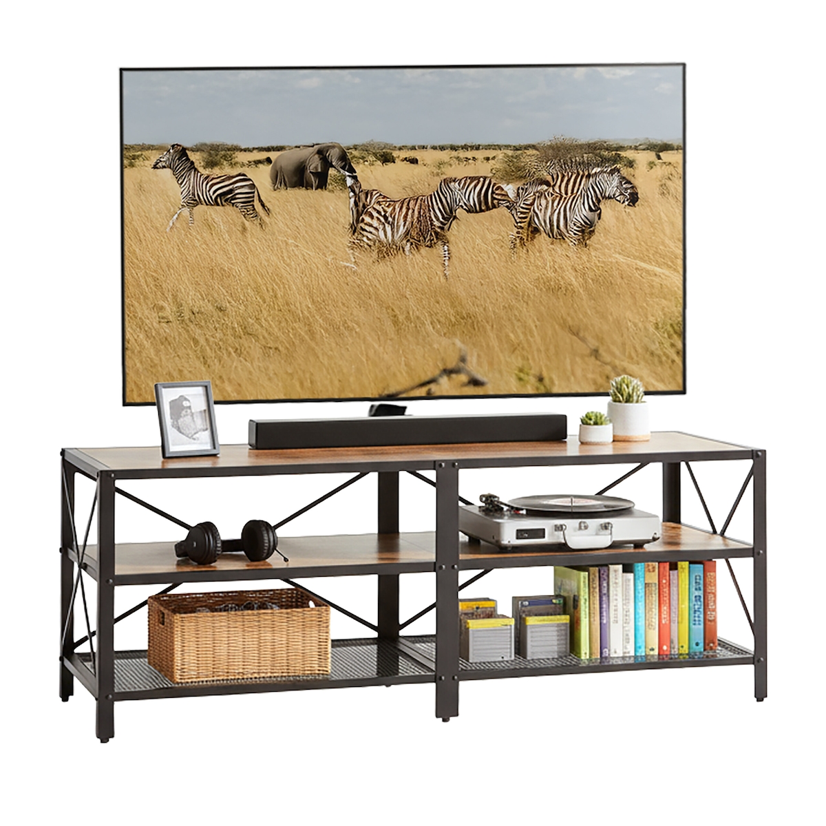 Relaxdays TV-Lowboard, 4 Fächer, offenes TV-Regal bis 60 Zoll, Fernsehtisch, HxBxT: 52 x 140 x 39 cm, braun/schwarz