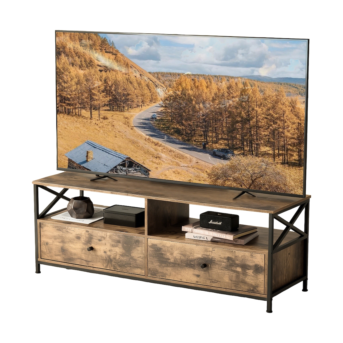 Relaxdays TV-Lowboard, 2 Fächer, 2 Schubladen, TV-Schrank bis 55 Zoll, HBT 50 x 120 x 40 cm, Fernsehtisch, braun/schwarz Image