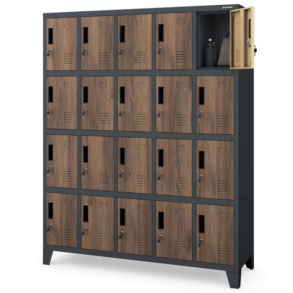 DELUKE Schließfachschrank Spind TAMPA - 20 Fächer, Etikettenhalter | Wertfachschrank Umkleideschrank Metall Kleiderspind, 172x136x45cm Anthrazit-Nussbaum Image