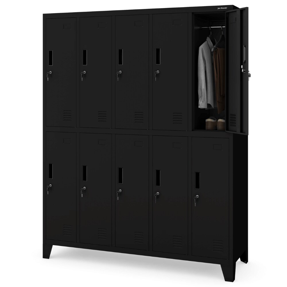 DELUKE Umkleideschrank Spind BERLIN - 10 Abteile, Etikettenhalter Lüftungsschlitze | Umkleidespind Schließfachschrank Garderobenspind, 172x136x45cm Schwarz Image