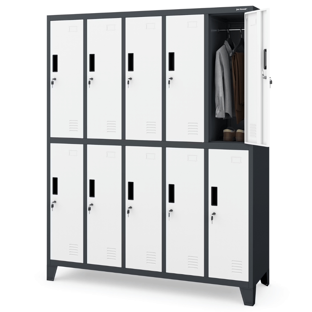 DELUKE Umkleideschrank Spind BERLIN - 10 Abteile, Etikettenhalter | Umkleidespind Schließfachschrank Garderobenspind, 172x136x45cm Anthrazit-Weiß Image