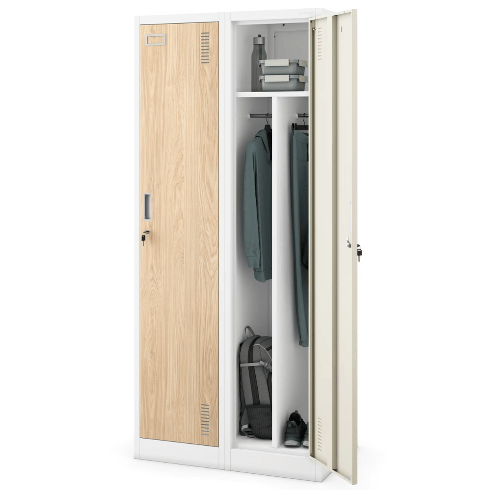 DELUKE Umkleideschrank Spind WIEN - 2 Abteile, Etikettenhalter | Umkleidespind Metall Schließfachschrank Garderobenspind, 180x80x50cm Weiß-Sonoma Eiche Image