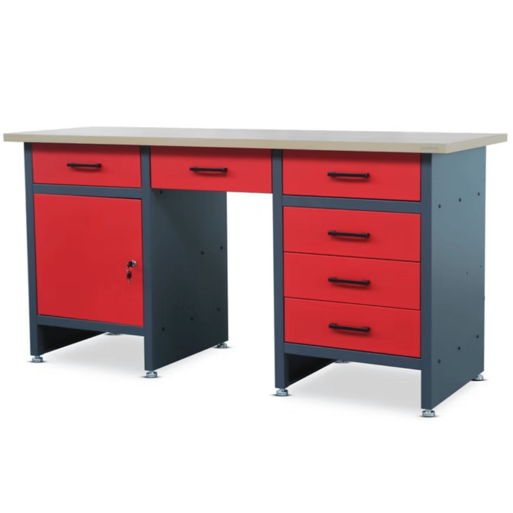 DELUKE Werkbank Werkstatt KARL - 6 Schubladen, 1x Schließfach, MDF-Tischplatte Braun | Werktisch Montagewerkbank Arbeitstisch 85x170x60cm Anthrazit-Rot Image