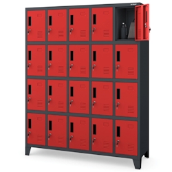 DELUKE Schließfachschrank Spind TAMPA - 20 Fächer, Etikettenhalter | Wertfachschrank Umkleideschrank Metall Kleiderspind, 172x136x45cm Anthrazit-Rot Image