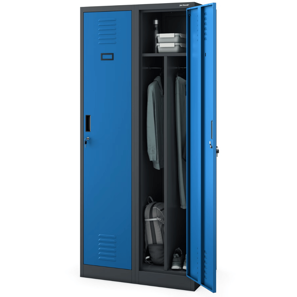 DELUKE Umkleideschrank Spind WIEN - 2 Abteile, Etikettenhalter | Umkleidespind Metall Schließfachschrank Garderobenspind, 180x80x50cm Anthrazit-Blau Image