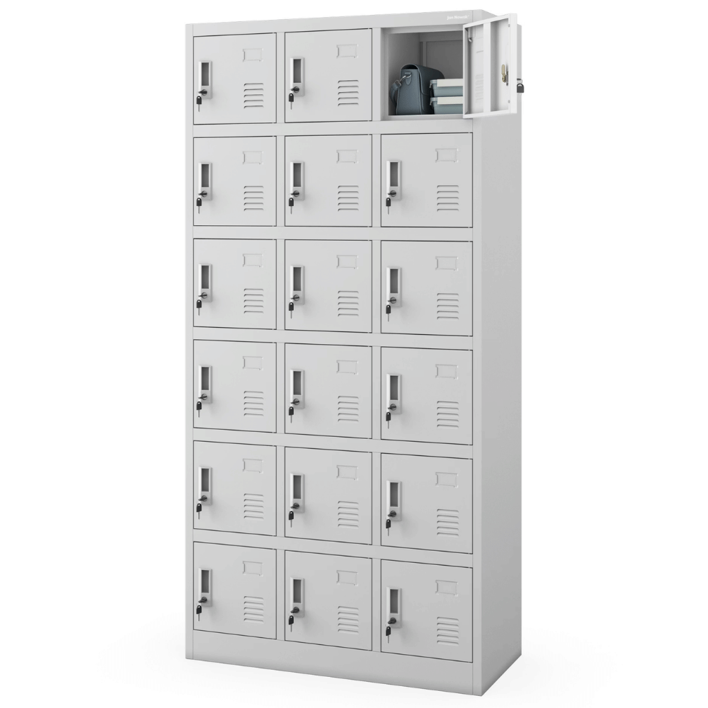 DELUKE Schließfachschrank Spind BERN - 18 Fächer, Etikettenhalter Lüftungsschlitze | Wertfachschrank Umkleideschrank Metall Kleiderspind, 185x90x40cm Grau Image