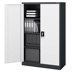 DELUKE Aktenschrank abschließbar KADO - 4 Ebenen, Flügeltüren | Metallschrank Werkstatt Büroschrank aus Stahl Werkzeugschrank, 140x90x40cm Anthrazit-Weiß Image