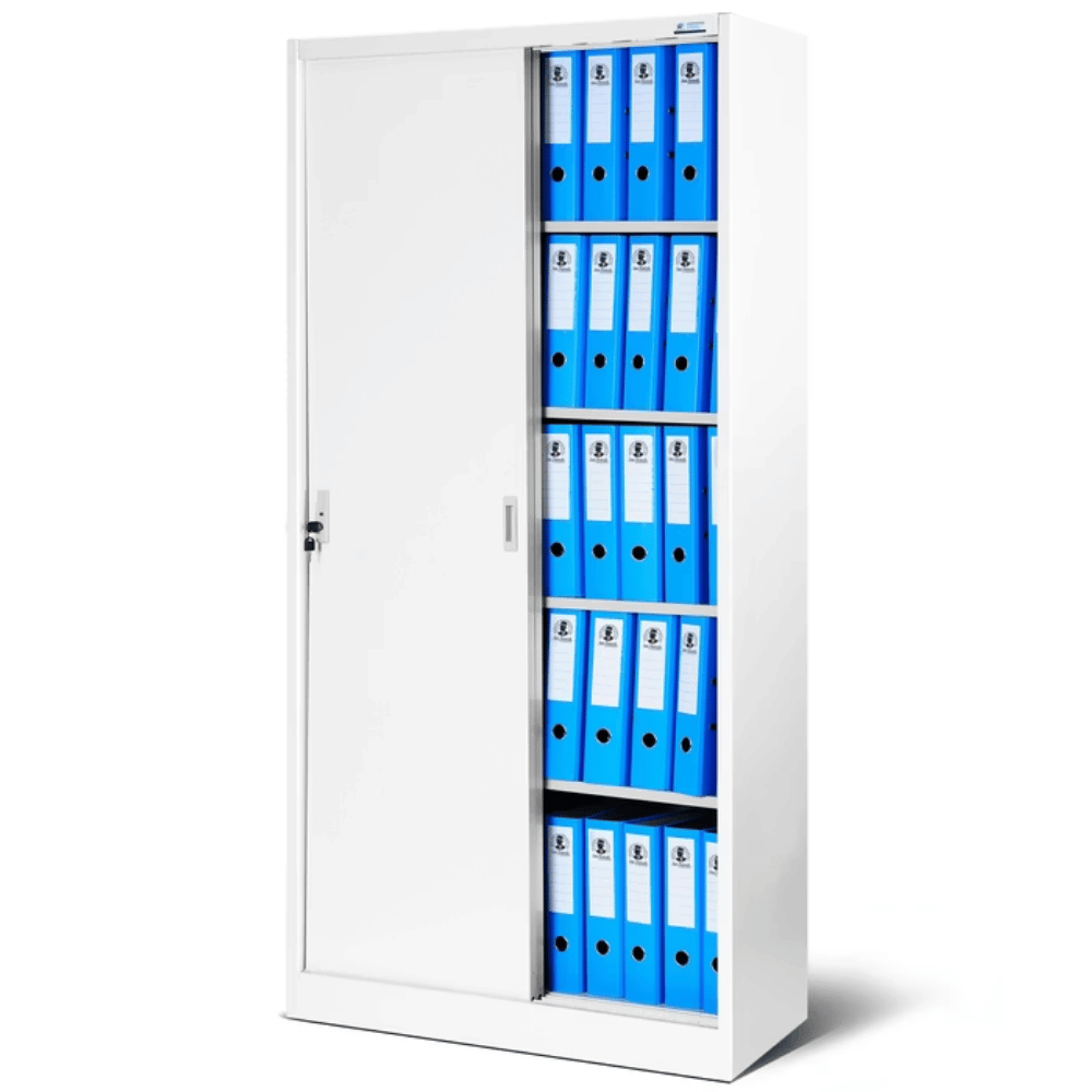 DELUKE Aktenschrank abschließbar ROLF - Schiebetüren, 5 Ebenen | Büroschrank aus Stahl Metallschrank Werkstatt Werkzeugschrank, 185x90x40cm Weiß Image