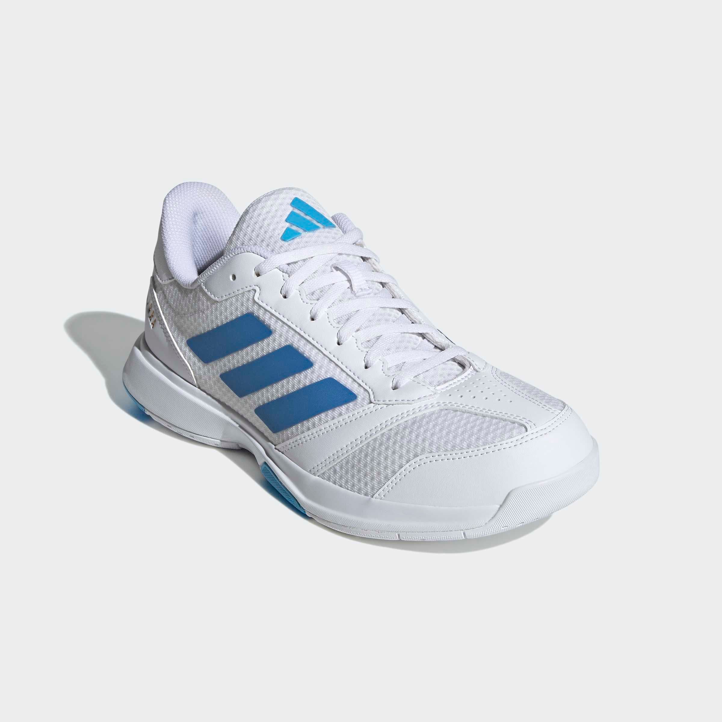 Hallenschuh ADIDAS PERFORMANCE "LIGRA 8 INDOOR", Damen, Gr. 47, cloud weiß, ray blau, lucid aquamarine, Synthetik, Textil, Schuhe Hallenschuh