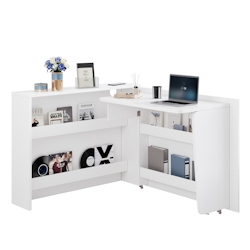 OKWISH Faltbarer Schreibtisch mit Rollen 115x27x93 cm in Hochglanz Weiß – 2-in-1 Arbeitsplatz & Sideboard mit Wireless Charger Image