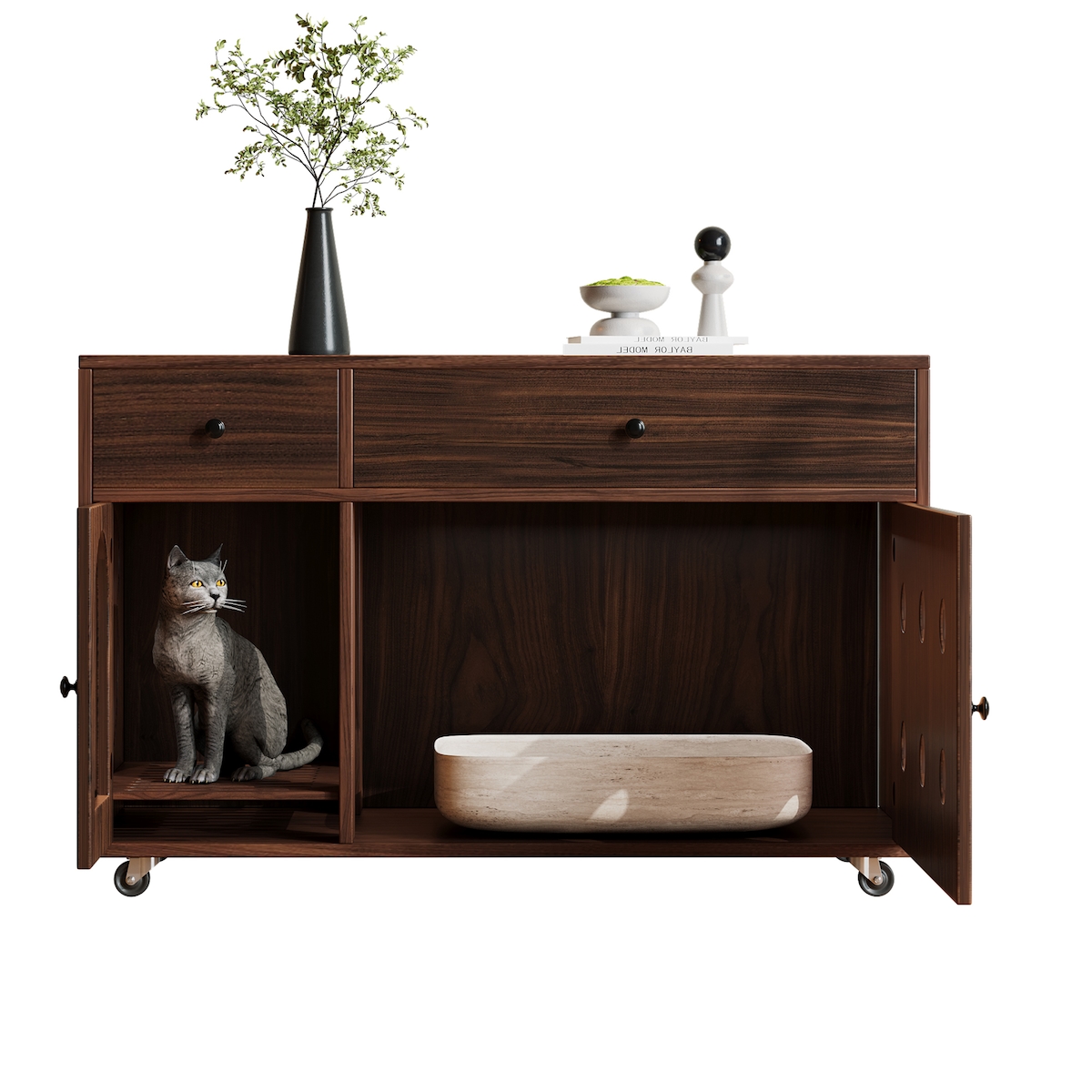 OKWISH Katzenkloschrank 100x45x66 cm Nussbaum MDF mit abnehmbarer Sandauffangplatte, Schubladen, Luftzirkulation, modernes Wohnzimmerdesign Image