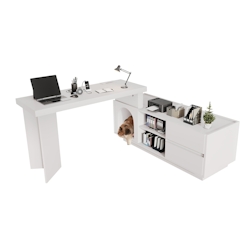 OKWISH Eckschreibtisch 120x50cm mit integriertem Tierhaus aus MDF in Weiß, L-förmiges Design für ergonomisches Home Office Image