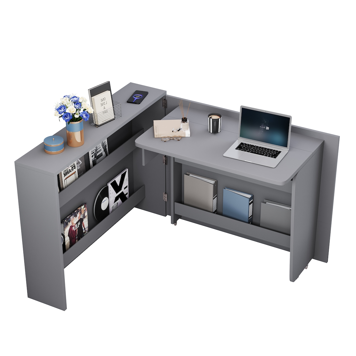 OKWISH Klappbarer Schreibtisch mit Rollen 115x27x93 cm und Wireless Charger in Dunkelgrau - 2-in-1 Arbeitsplatz und Sideboard Image