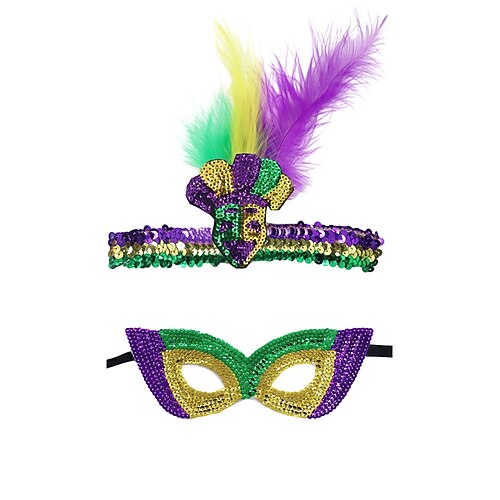 Lot de masque et bandeau en sequins en polyester pour femmes - Couleurs vibrantes avec plumes parfait pour les fêtes de carnaval et masquées