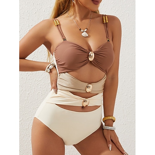 Damen Einteiler Badeanzug Rüschen Sexy Cutout Unterdraht Monokini Bauchkontrolle Hoher Bund Slim Rückenfrei Urlaub Strandbekleidung Farbblock V-Ausschnitt Ärmellose Bademode Image