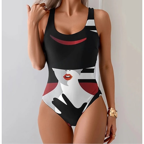 Damen Einteiler Badeanzug Figurbetonend Monokini Briefs Bauchkontrolle Hohe Taille Schlank Rückenfrei Urlaub Vintage Ombre Grafik U-Ausschnitt Ärmellos Badeanzüge Image