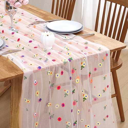 Bestickter Tischläufer mit Gänseblümchenmuster, Spitzentischdecke aus transparentem Stoff, dekorative Stickerei mit kleinem Blumenmuster für den Esstisch, elegante Tischdekoration für Zuhause Image