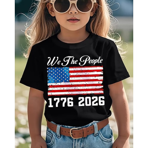 100% Baumwolle Kinder Mädchen Schwarz Grafik USA Flagge 250-jähriges Jubiläum Amerikanische US-Flagge für Kinder T-Shirt Rundhalsausschnitt Kurzarm Urlaub Sport Outdoor Alltagskleidung Hawaiianisch Image