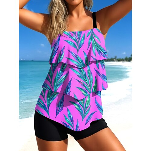 Damen Tankini 2 Teile Badeanzug Palm Hohe Taille Rüschenschicht Rückenfrei Ferien Strandbekleidung Ombre Grafik U-Ausschnitt Ärmellose Badeanzüge Image