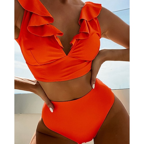 Damen Badeanzug Zweiteilig Freche Unterhose Bademode Rüsche Rückenfrei Urlaub Strandbekleidung Einfach V Ausschnitt Ärmellos Badeanzüge Image